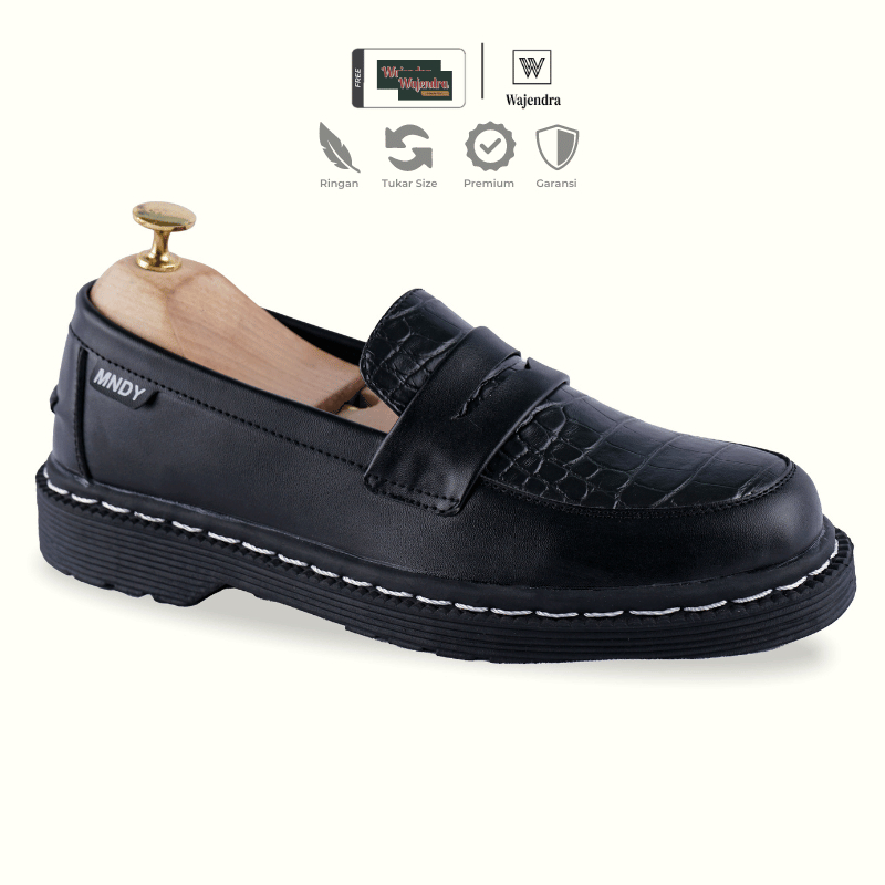 Wajendra x MNDY - Timeline Croco Black - Sepatu Kulit Docmart Motif Buaya Slip On Hitam Pria