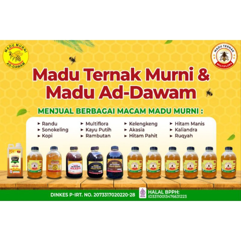 

Ad Dawam Madu Ternak Murni (1kg) Multiflora, Ruqyah, Akasia, Hitam Manis, Hitam Pahit, Randu.