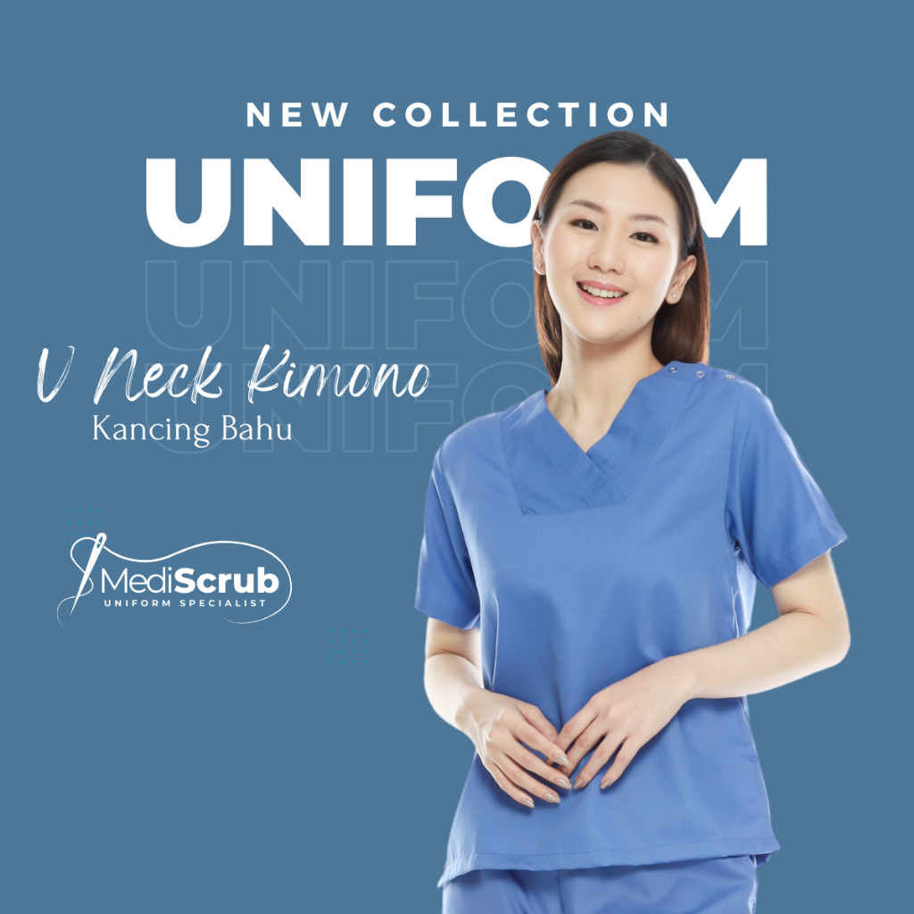Scrub Kerah V Neck Kimono Kancing Bahu / Baju Jaga Ok Medis Dokter Perawat Bidan / Seragam Rumah Sak