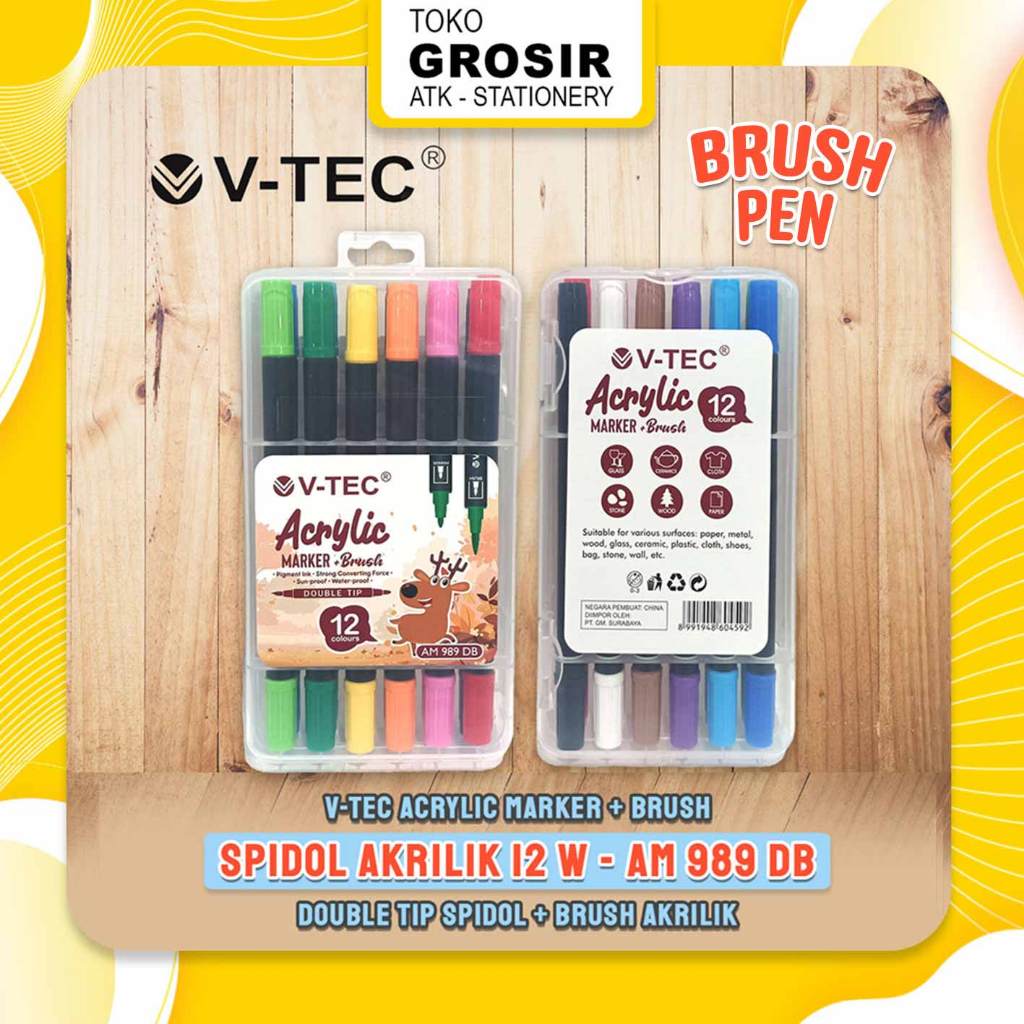 

V-TEC Acrylic Marker + Brush PEN AM 989 DB / 12 Colour - Double Tip VTec / Cocok untuk berbagai macam permukaan - VTEC Spidol + Brush Akrilik Brush Pen