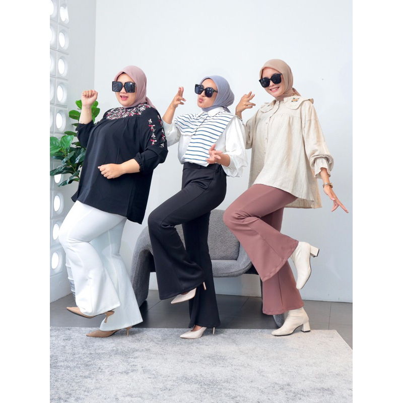 Celana Scuba Wanita Jumbo Cutbray Hitam Merah Putih Coklat Oversize Xxl