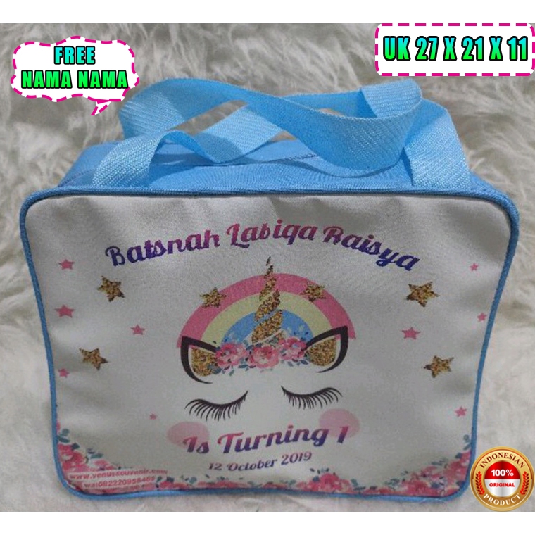 

Tas ultah anak / Tas goodiebag ulang tahun / Tas bidan / Model tas jinjing kado / Polyster dan mitasi ukuran 27 x 21 x 11