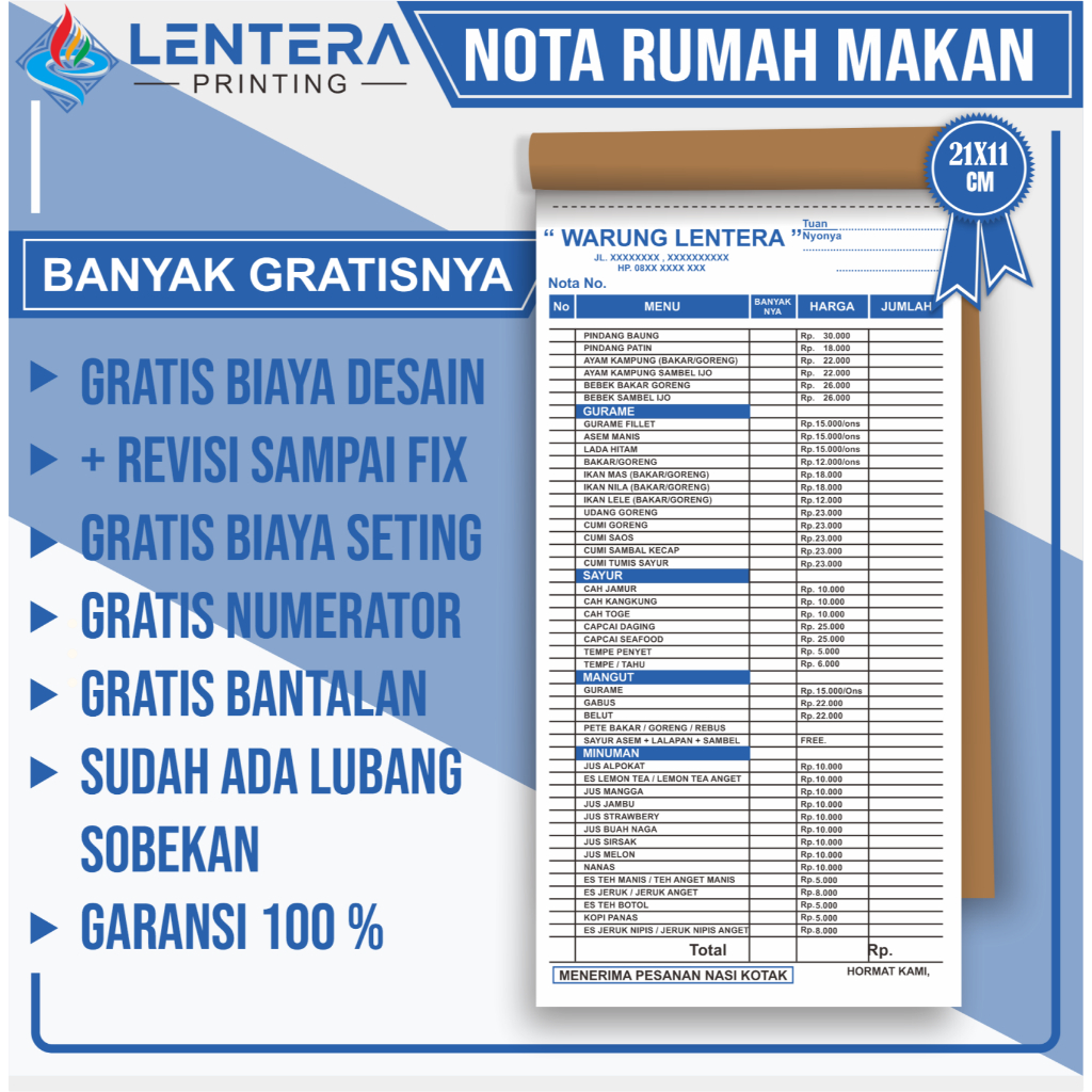 Nota Rumah Makan Custom Ukuran 21x10cm