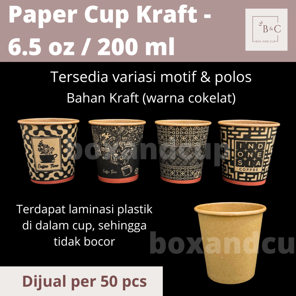 Paper Cup Craft 6.5 oz / Gelas Kertas Panas Polos & Motif Kraft dan Tutup Murah / Kopi Coffee / Teh 