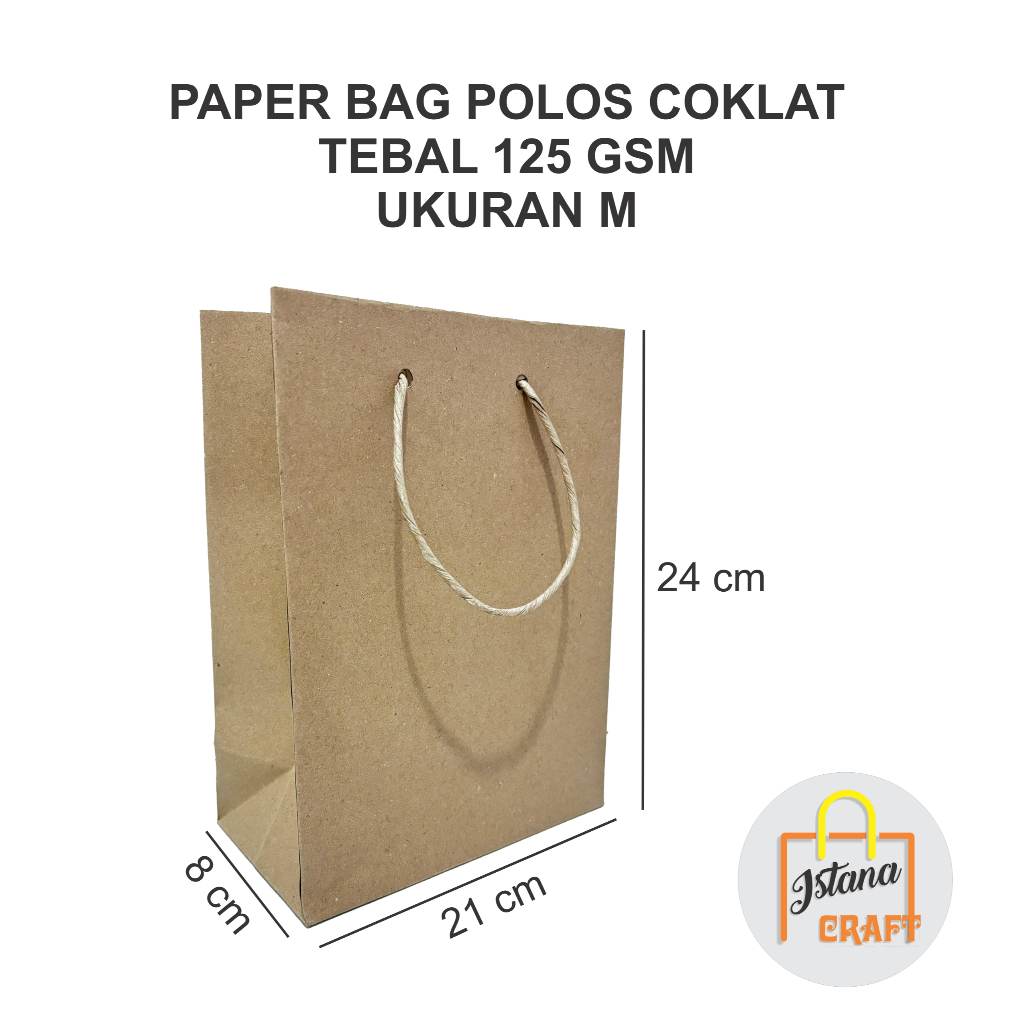 

Paper Bag Cokelat Polos Kertas Kraft Tebal 125 gsm Tali Kertas Ukuran M (24 X 21 X 8)