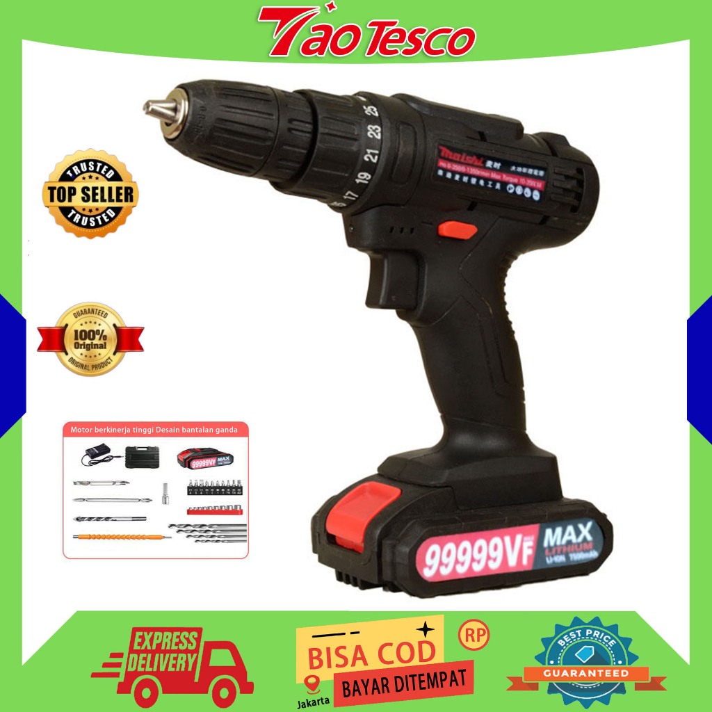 (ORI, COD) Baterai lithium, set bor listrik, aksesoris lengkap multifungsi cocok untuk pemula