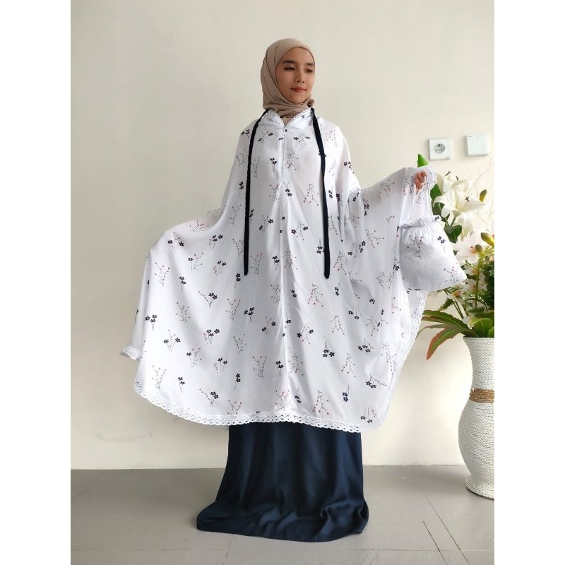 RB Mukena Rayon Putih Bermotip Model Resleting ( 2 in 1 ) Free Tas Cantik AST