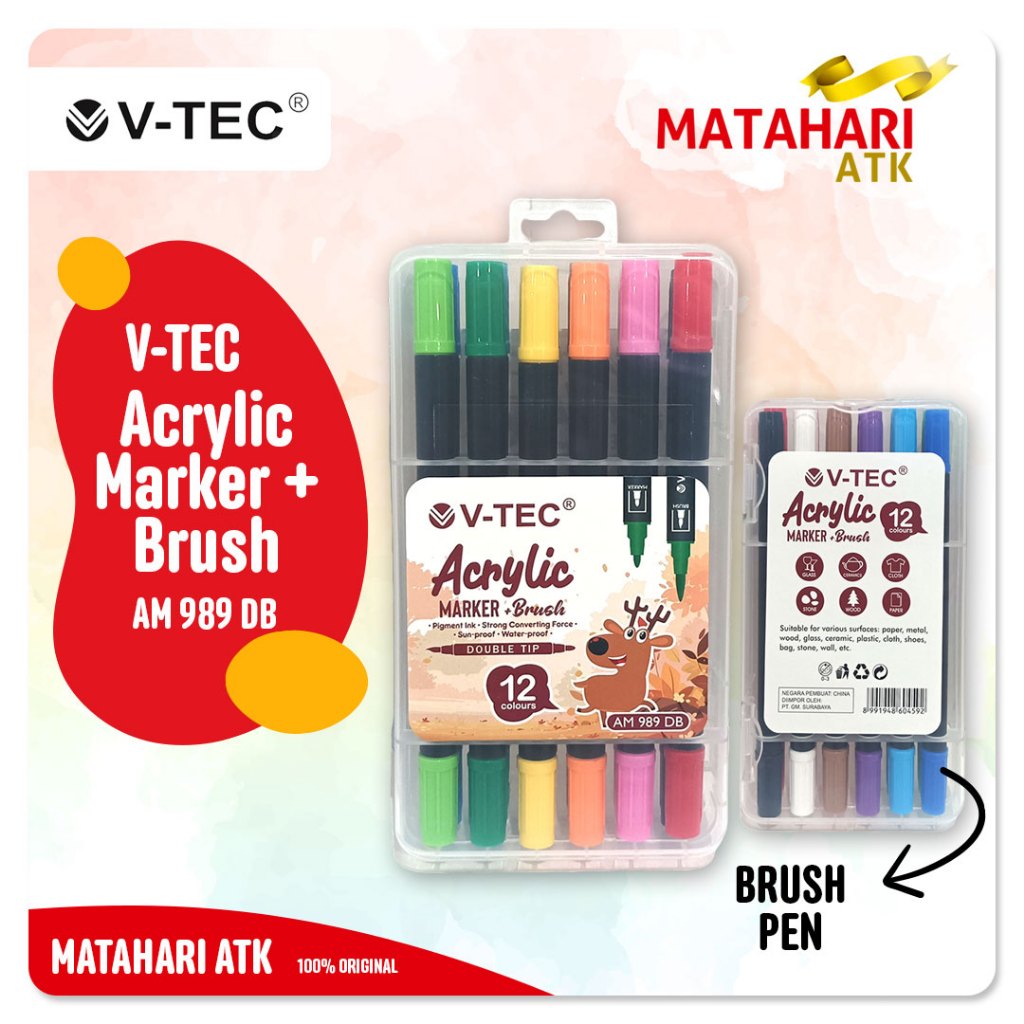 

V-TEC Acrylic Marker + Brush PEN AM 989 DB / 12 Colour - Double Tip VTec / Cocok untuk berbagai macam permukaan - VTEC Spidol + Brush Akrilik Brush Pen