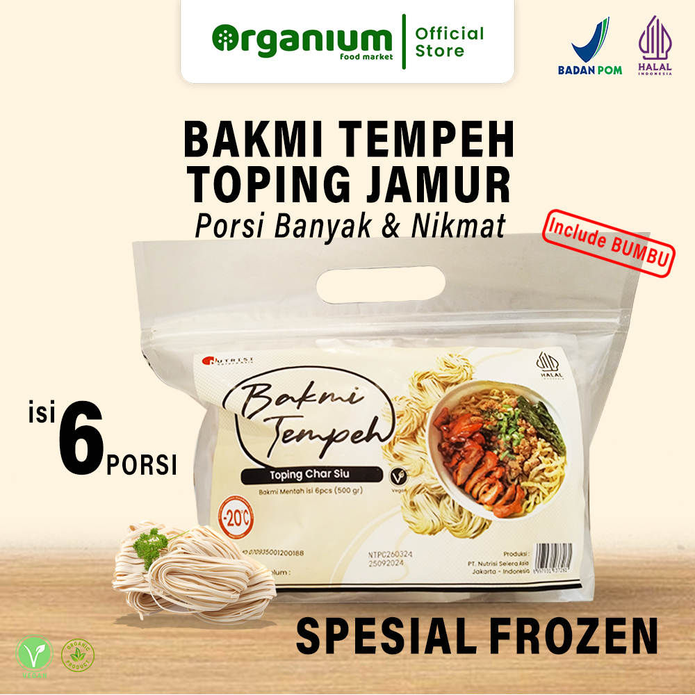 

Tempeh Noodle Bakmi ORGANIUM Mie Tempe, Bakmi Tempe Toping Char Siu Vegan Jamur Frozen - 6 Porsi