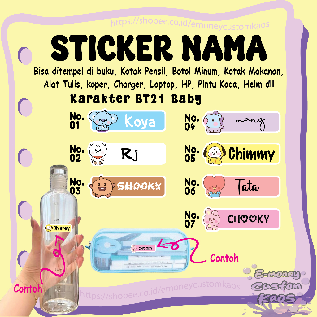 

STICKER LABEL NAMA BT21 MININI LUCU BTS ANAK STIKER CUSTOM LEBEL PREMIUM MURAH LUCU BISA TEMPEL DI BUKU KOTAK PENSIL HELM BOTOL MINUM KOTAK MAKANAN ALAT TULIS KOPER LAPTOP HP PINTU KACA