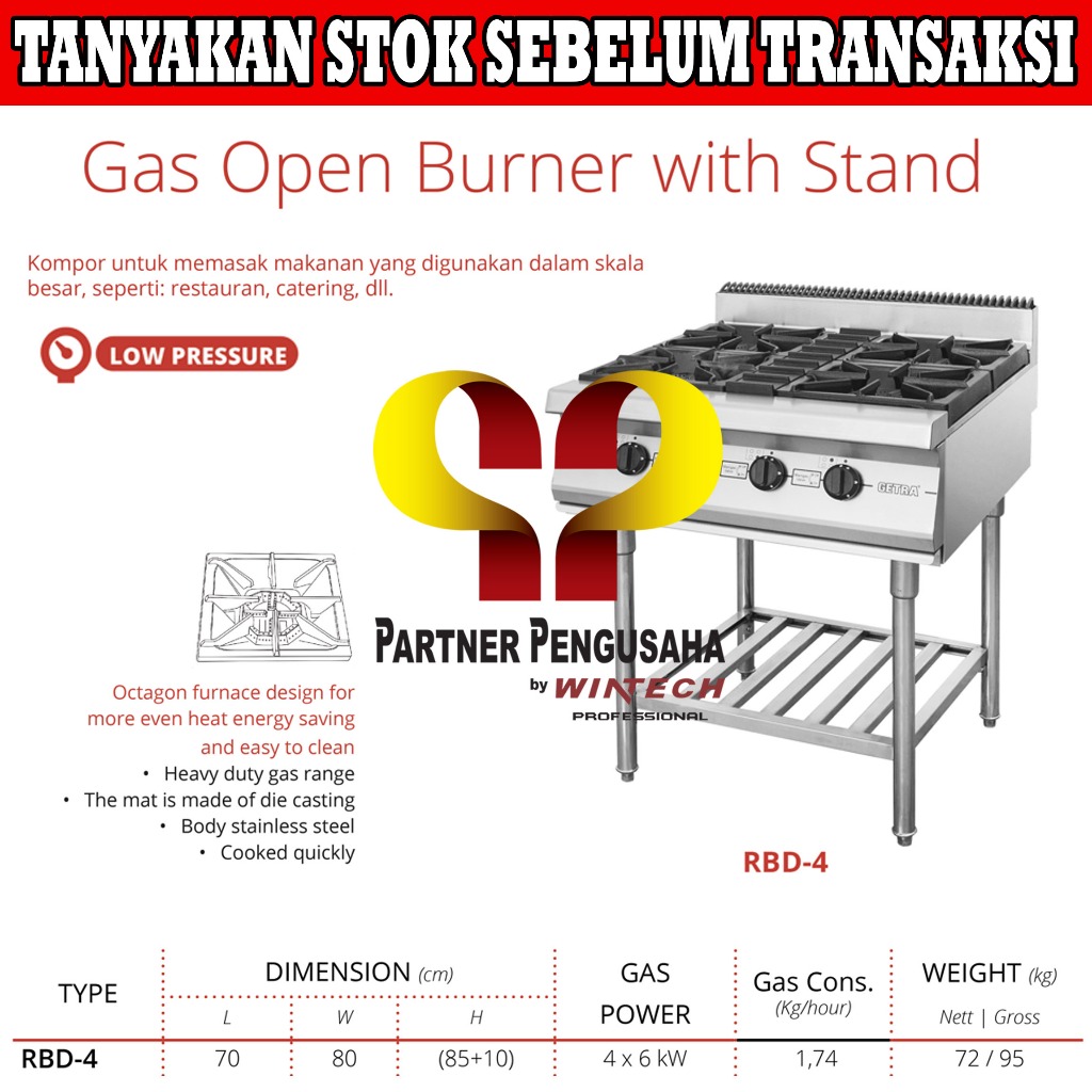 Getra RBD-4 Gas Open Burner With Stand Kompor Skala Besar 4 Tungku