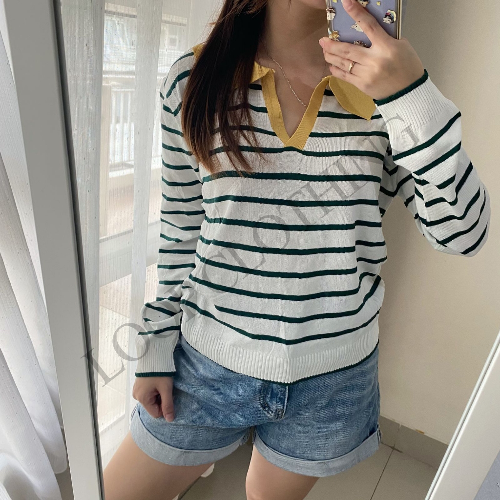 Kaos Wanita Rajut Salur V-Neck Lengan Panjang