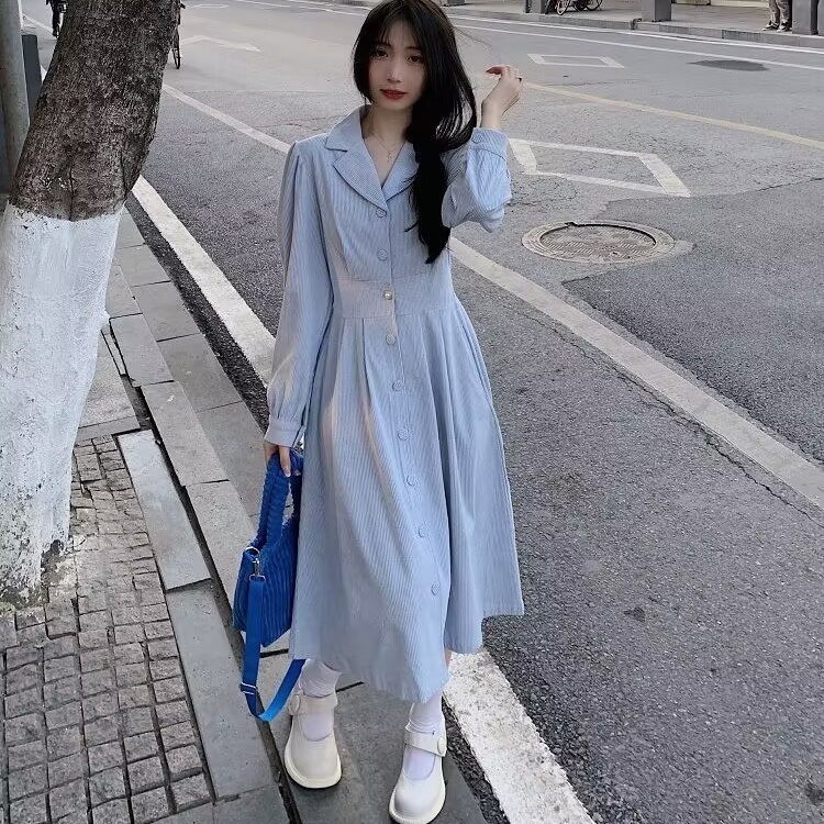 Versi Korea Gaun korduroi Prancis lengan panjang setelan retro kerah pinggang rok panjang sedang