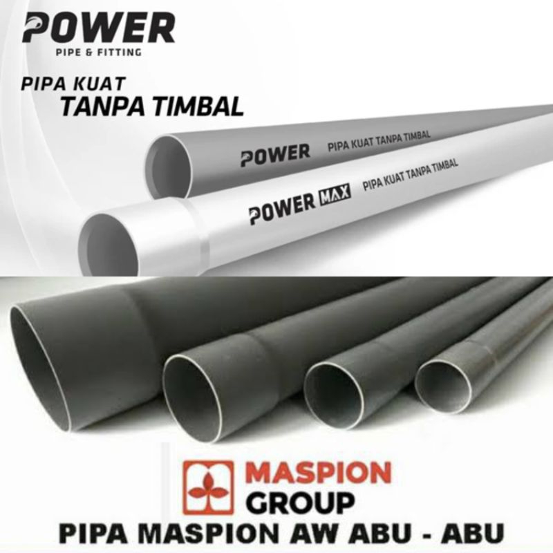 (PerBatang Bagi 4) Pipa Air Paralon PVC Plastik merk POWER Max MASPION 1/2inc 3/4inc AW