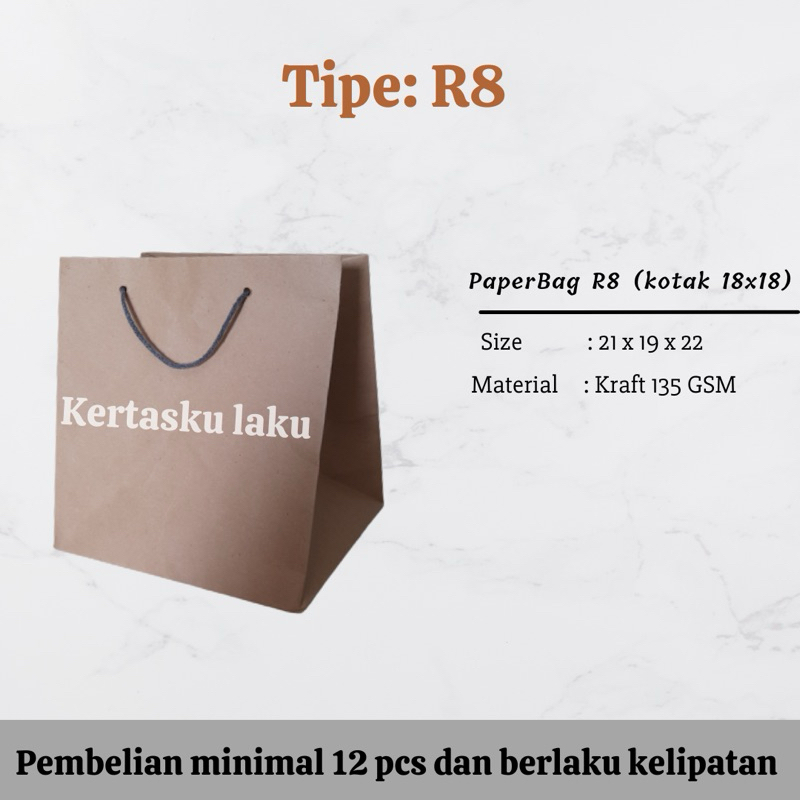 

Paper Bag R8 (GSM 135),tas kertas coklat polos, Ukuran P 21, L19, T 22 (Untuk kotak nasi 18x18)