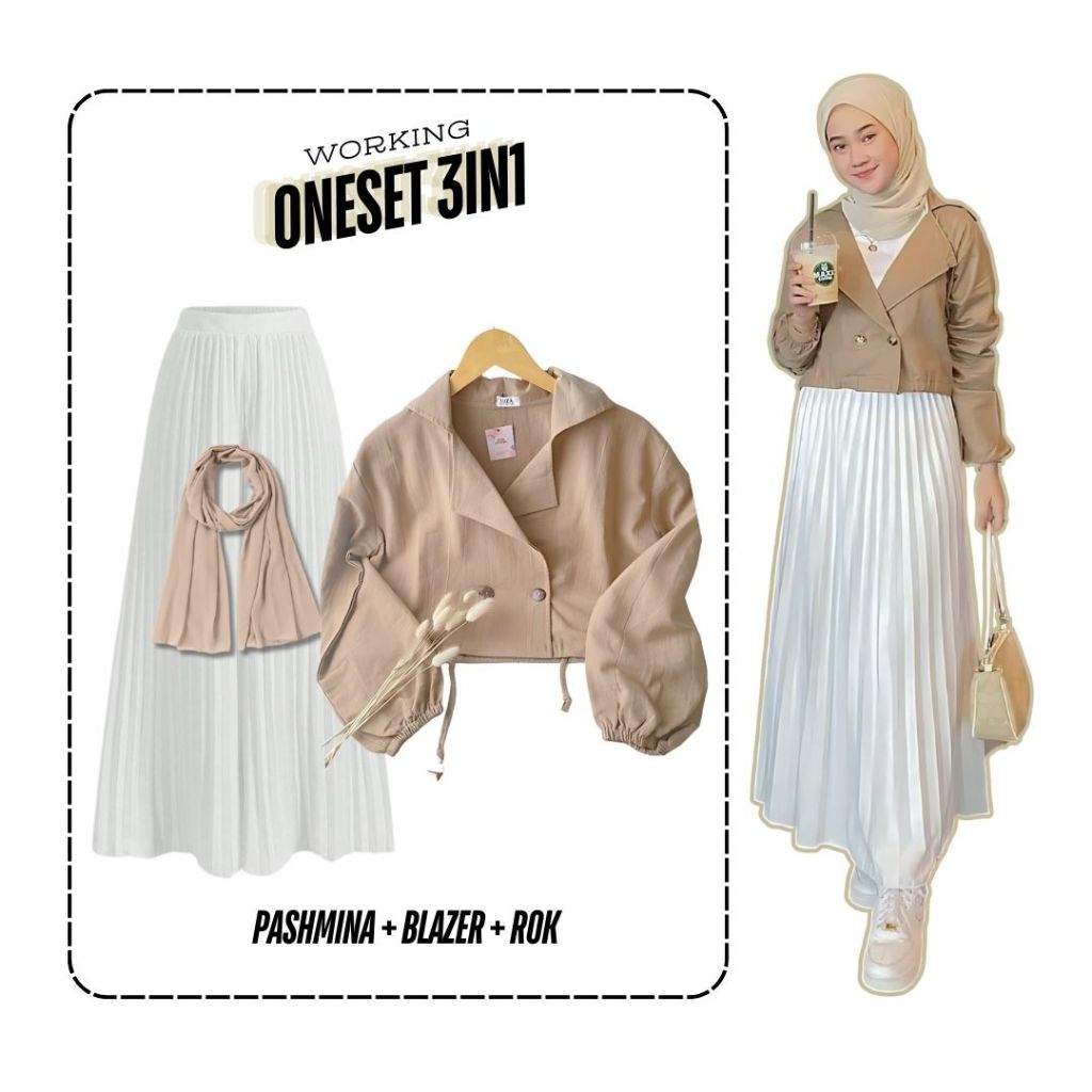 3in1 One set blazer jas rompi wanita lengan panjang warna cream rok plisket panjang putih pashmina c