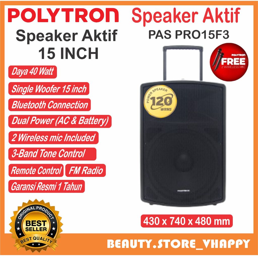 Speaker Aktif Polytron Portable Bluetooth PAS PRO15F3 Karaoke - FM Radio ( Free 2 Mic Wireless )