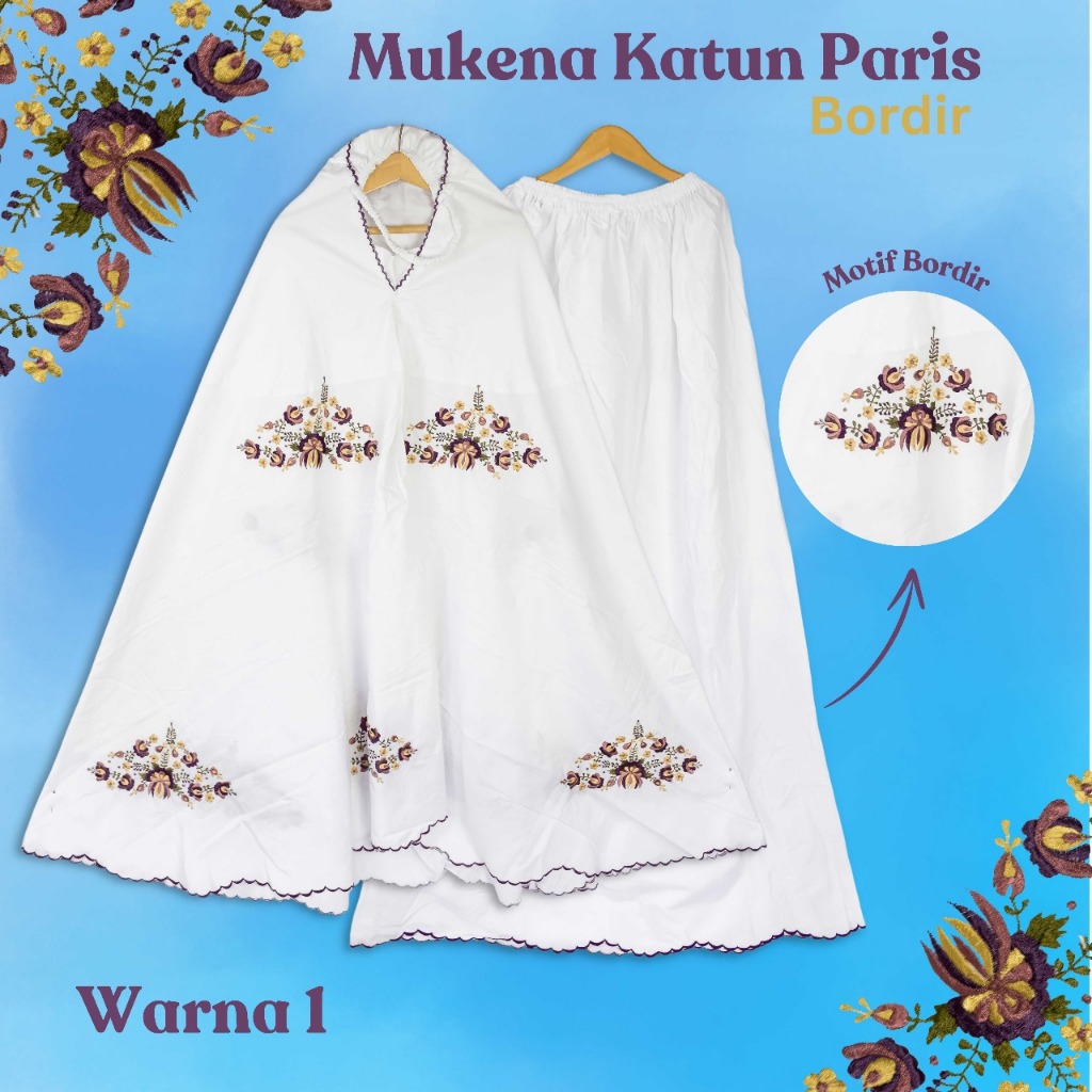 Mukena Katun Paris Bordir Premium – Warna Putih Dan Motif Menarik