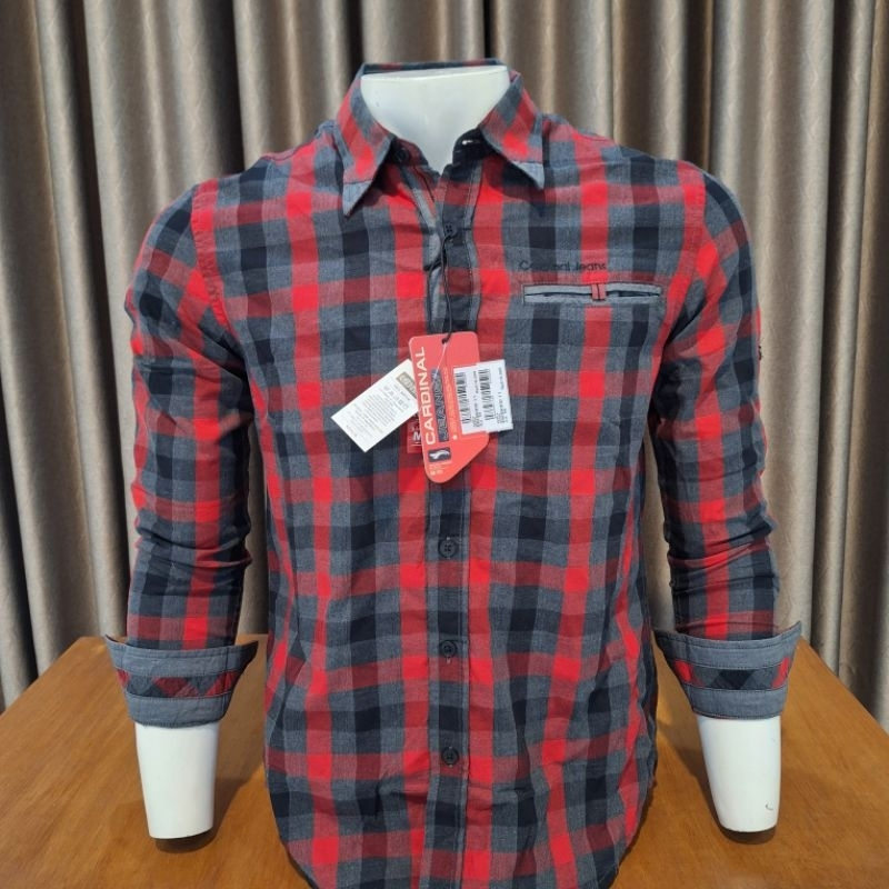 Cardinal E5K93J11 Pakaian Pria Kemeja Jeans Lengan Panjang Slim Fit Katun Flanel Kotak-kotak Merah