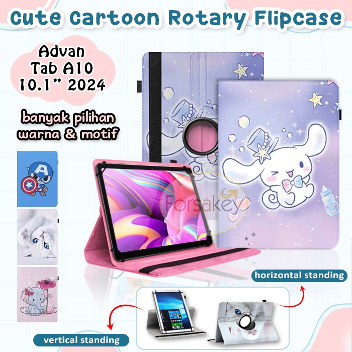 Advan Tab A10 A 10 10.1 Inch Tablet Wifi Series 2024 Cartoon 360 Rotary Flip Case Casing Book Cover