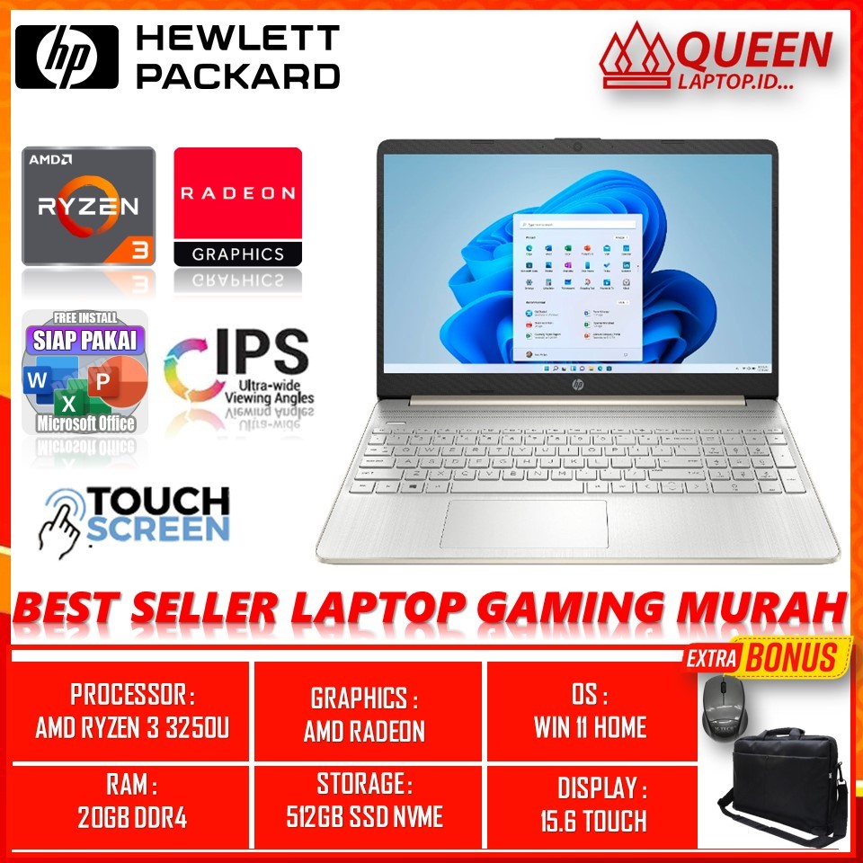 LAPTOP HP 15 TOUCHSCREEN AMD RYZEN 3 3250U RAM 20GB SSD 512GB 15.6 INCH WIN11 TERLARIS