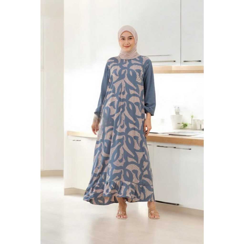 Daster Kekinian Jumbo Dress Rayon Rempel Busui Lengan Panjang Homedress Batik