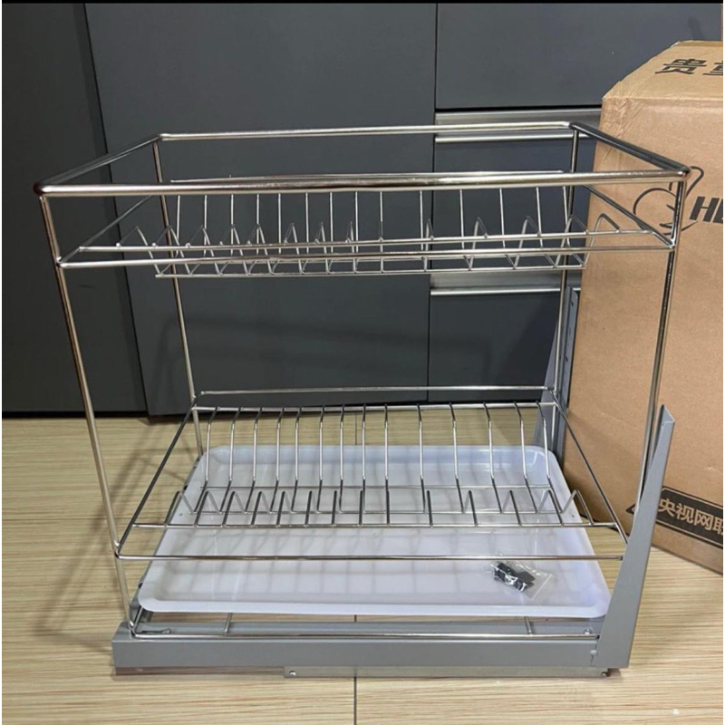rak piring 2  susun stainless tarik / rak piring lemari dapur tarik / rak piring piring / rak piring
