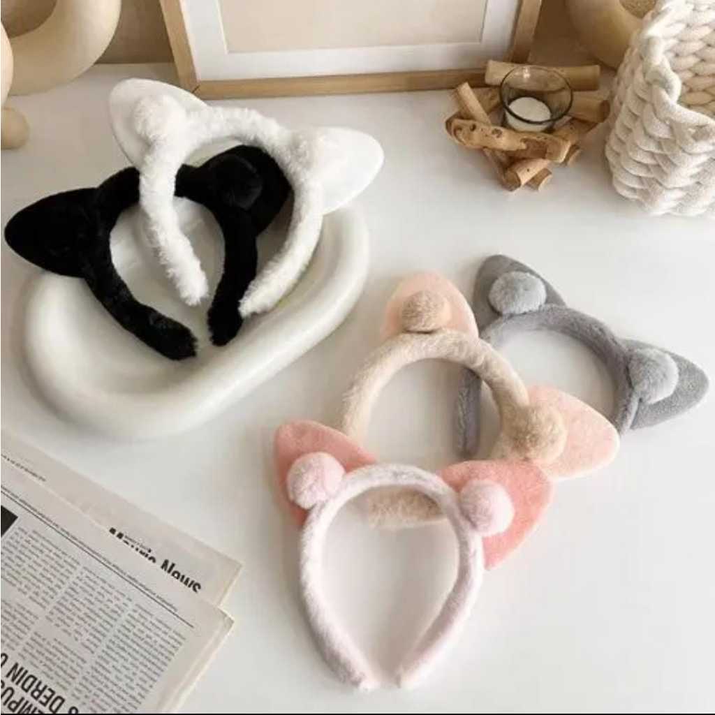 Bando Bulu Telinga Kucing Bando Bulu 3 Warna Bando Lucu Bulu Bando Bulu Telinga Kucing + Pompom | 38