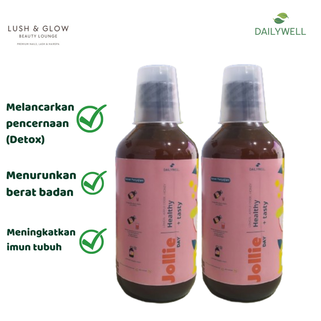 

LUSH AND GLOW x DAILYWELL BUNDLING 2 JOLLIE DAY [MINUMAN SLIMMING AND DETOX TUBUH-SARI LEMON,CUKA APEL, MADU]]