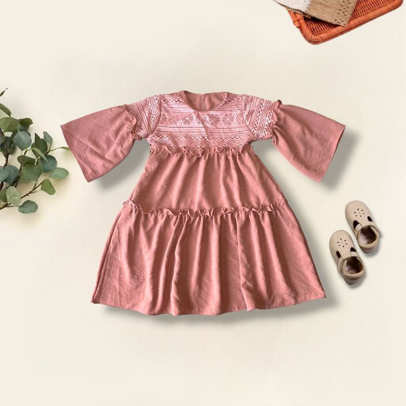 Baju Muslim Anak Perempuan 1-8Tahun / Kids Dress Crinkle mix Brokat Malika / Pakaian Muslim Anak Per