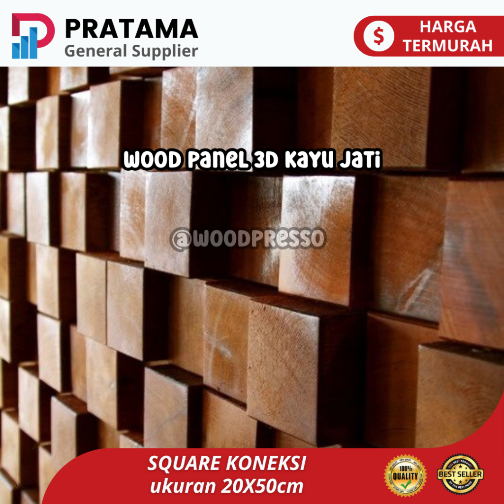 Wall decor hiasan panel dinding mozaic kayu jati - motif kotak bersambung