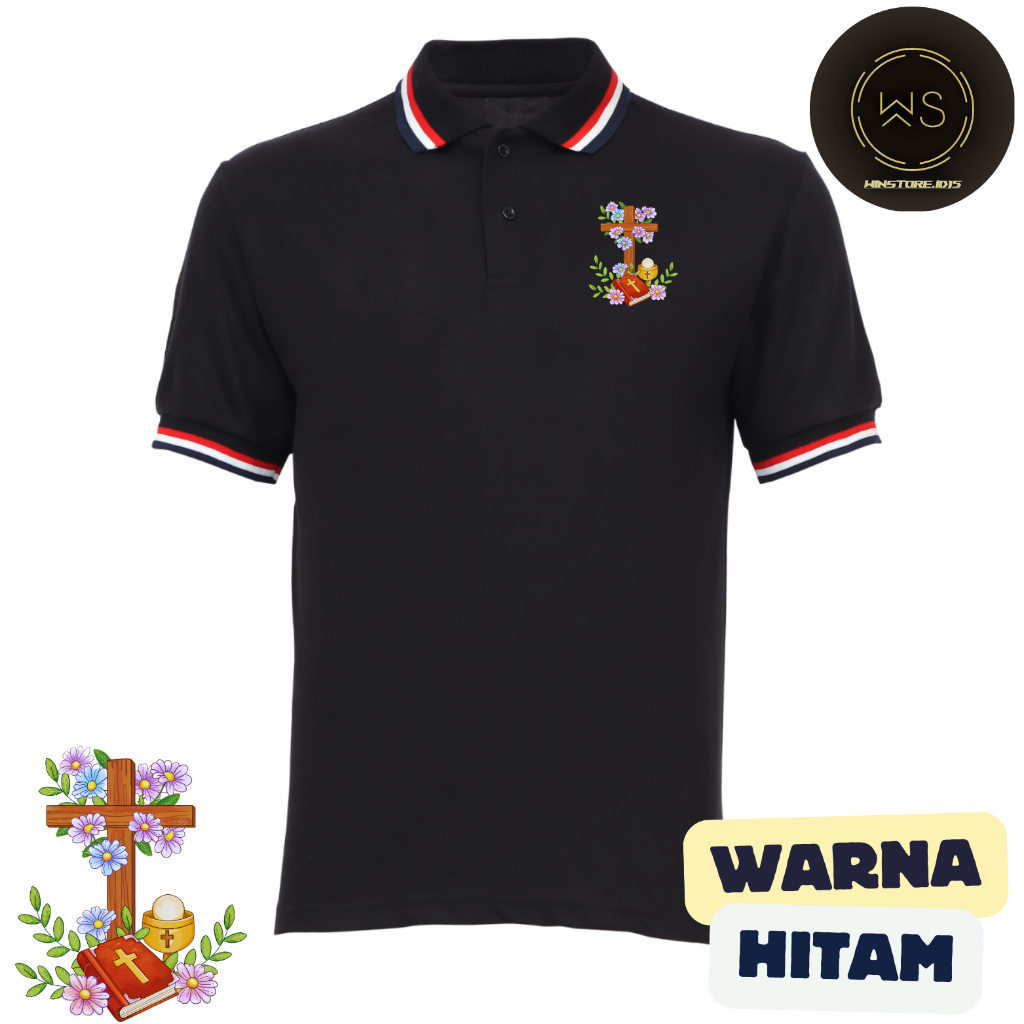 Kaos T Shirt Polo Berkerah 3 list Motif SALIB BUNGA / pria lengan pendek / sablon DTF / ukuran M L X