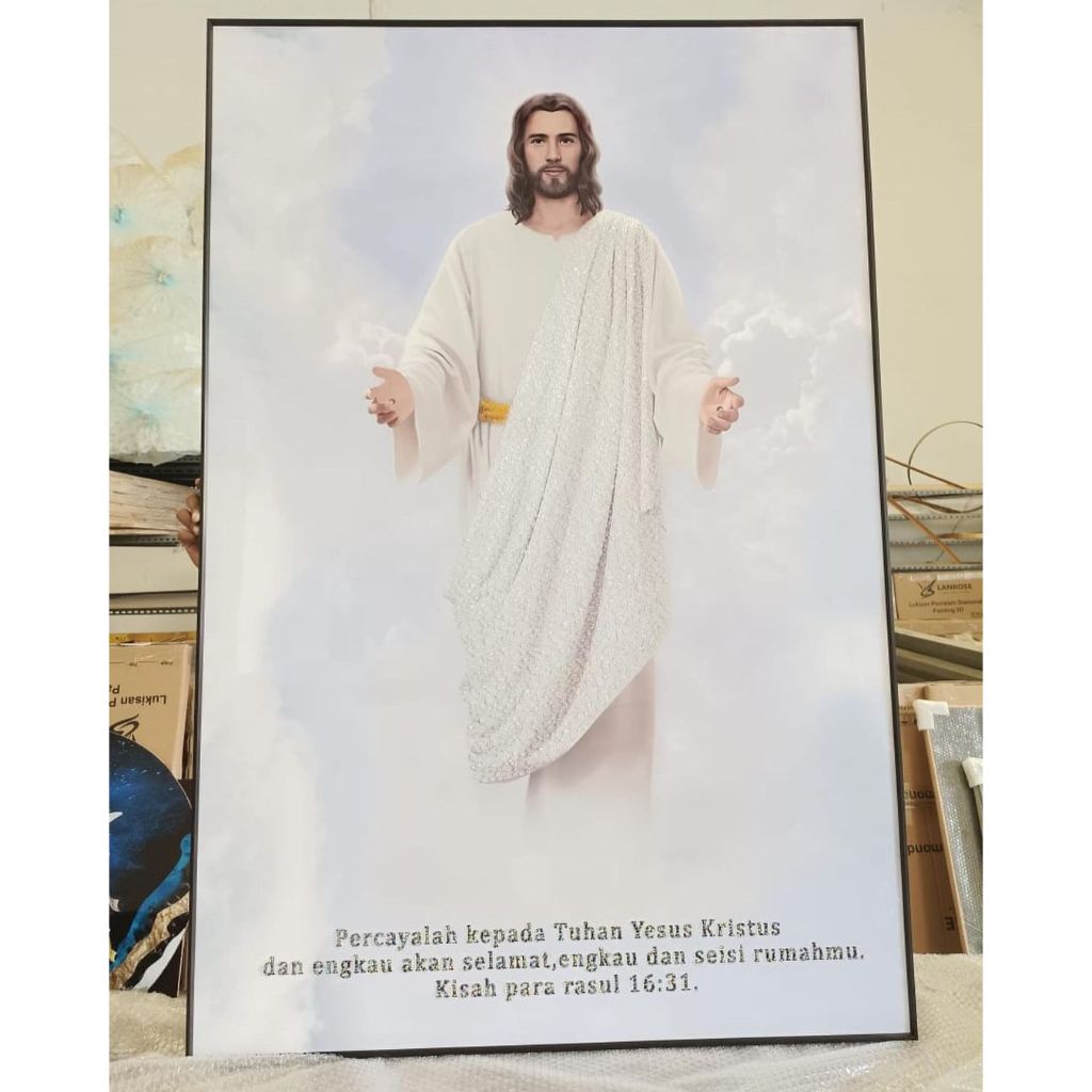 Lukisan Dinding Diamond Crystal Painting 5 D Bentuk Persegi Frame Warna Gold / Black Gambar Yesus