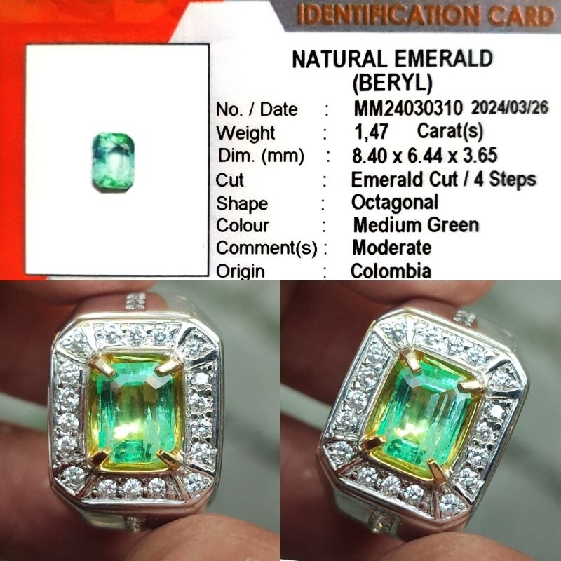 Natural Emerald Colombia Zamrud Colombia Jamrud Colombia 1.4ct KGL Crystall Full Luster Ring Perak C