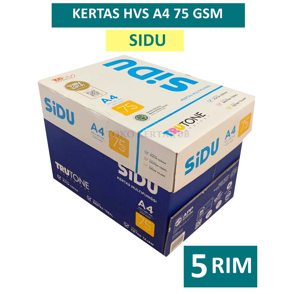 

Kertas HVS SIDU 75 Gsm Ukuran A4 , 1 BOX / 5 RIM