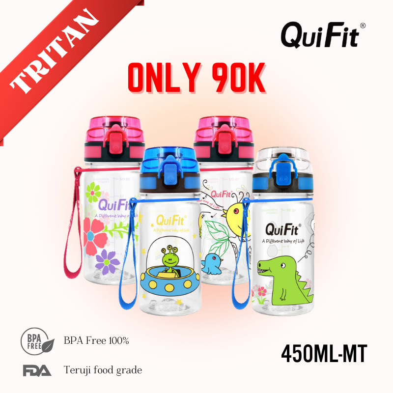 QUIFIT - [450MLMT] Botol Air Minum Tritan Motivasi Anak Anak 450ML tanpa sedotan dengan penutup flip