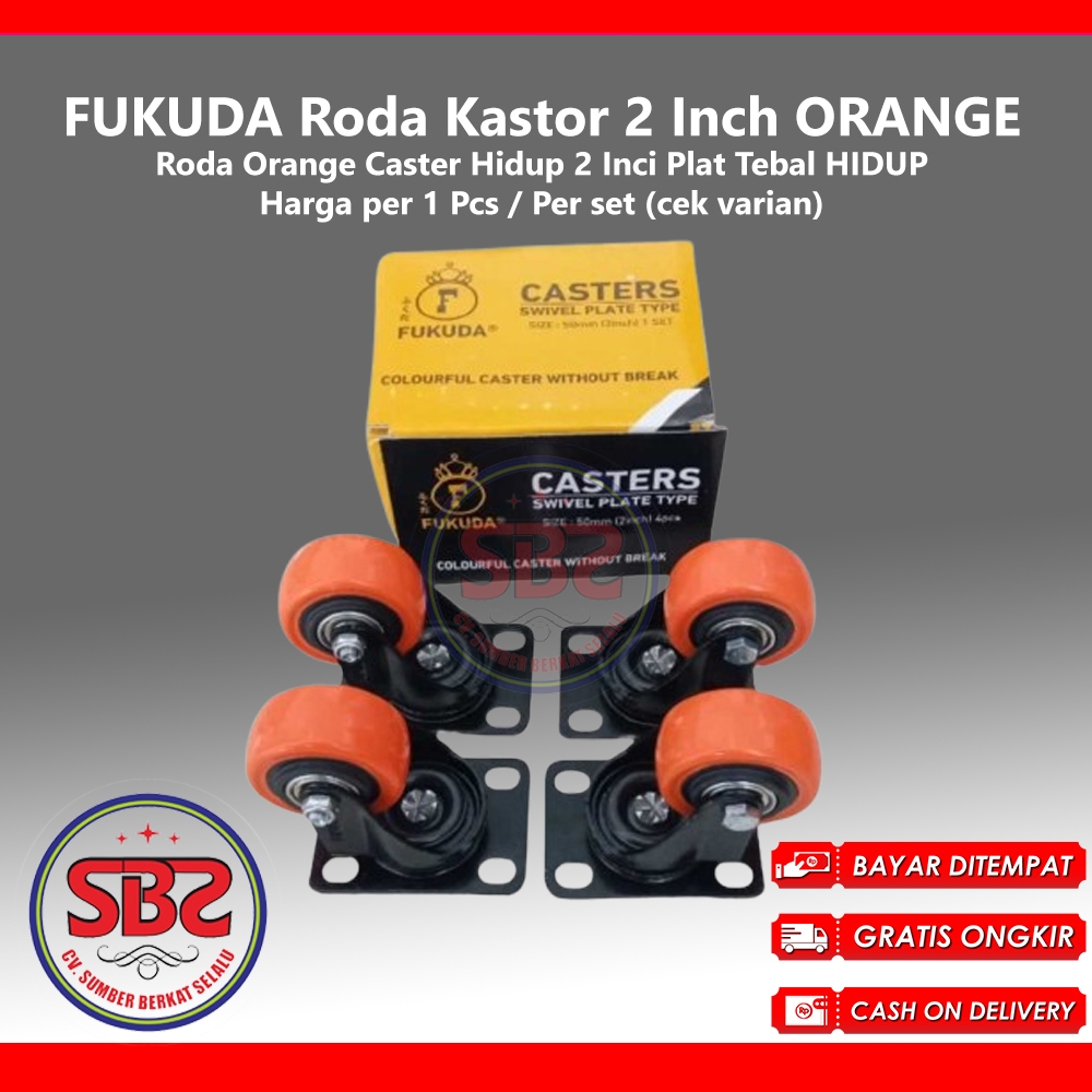 FUKUDA Roda Kastor 2 Inch ORANGE TEBAL Hidup TANPA REM / Castor Swifel Plate Etalase Troli PER SET -