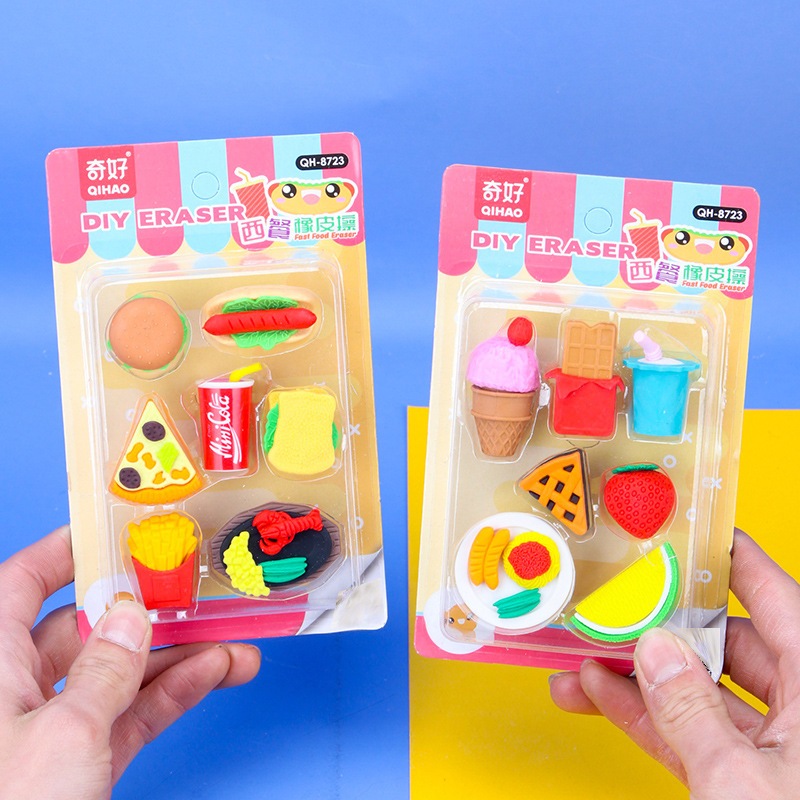 

8723 Set penghapus karakter makanan fast food buah sensory play bongkar pasang stationery