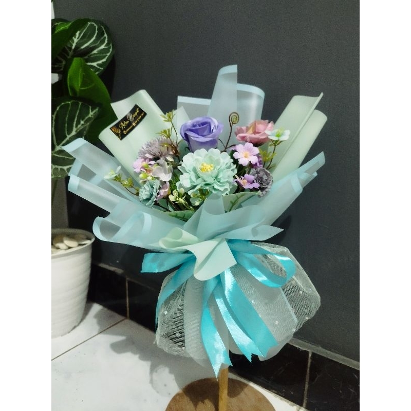 (packing kardus) Buket bunga wisuda gembul lucu warna tosca biru - bucket hari guru - buket anak TK