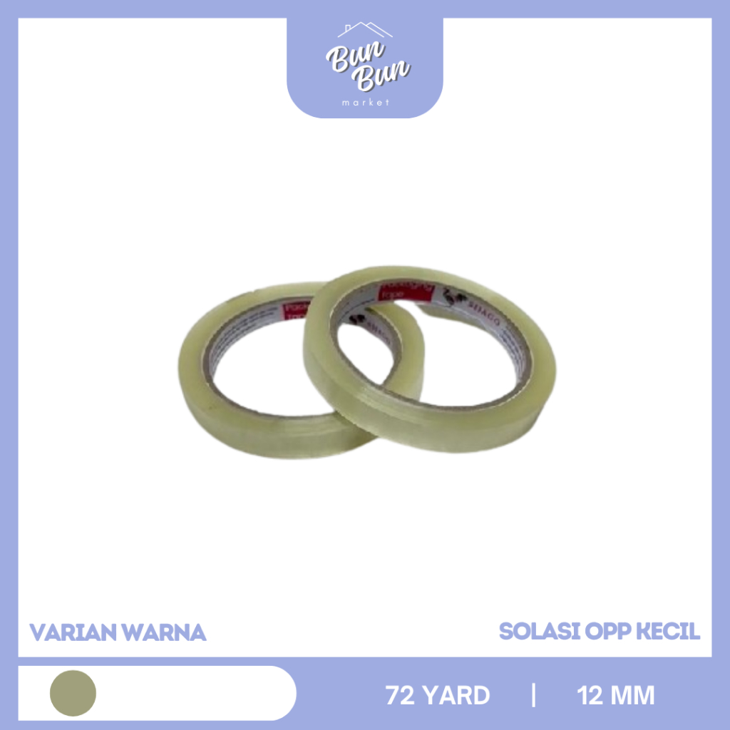 

PCS / Solasi Bening Kecil 72 Yard X 12 MM Lakban Toples Kue Selotip Murah Semarang Bisa Instan