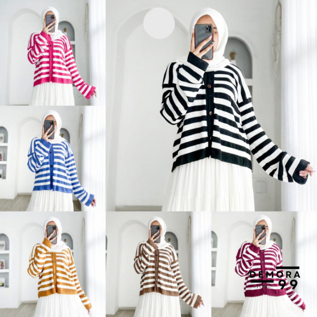 CELLYN STRIP CARDIGAN Baju Cardigan Wanita Strip Kancing Depan Sweater Wanita Rajut Tebal