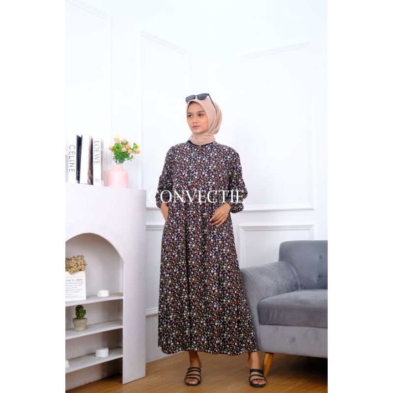 Ananta Black Convectie Midi Dress Rayon Viscose Premium Tidak Menerawang Bumil Busui Friendly
