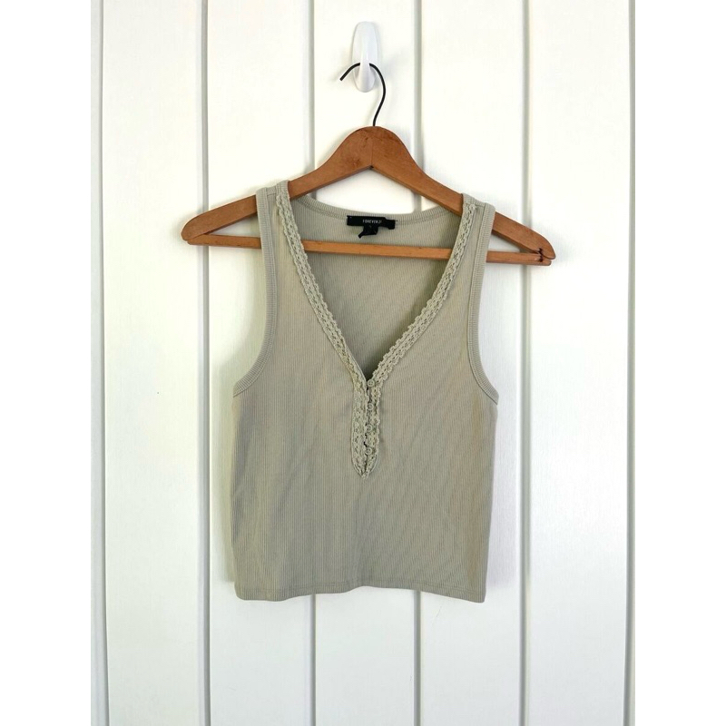V-Neck Knit Tanktop Forver 21 Women's White and Green Vest / Tanktop Wanita