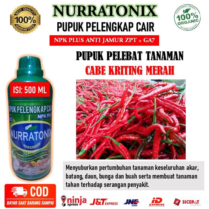 NURRATONIX PUPUK PELENGKAP CAIR NPK PLUS ANTI JAMUR ZPT + GA7 obat semprot pelebat cabe kriting, cab