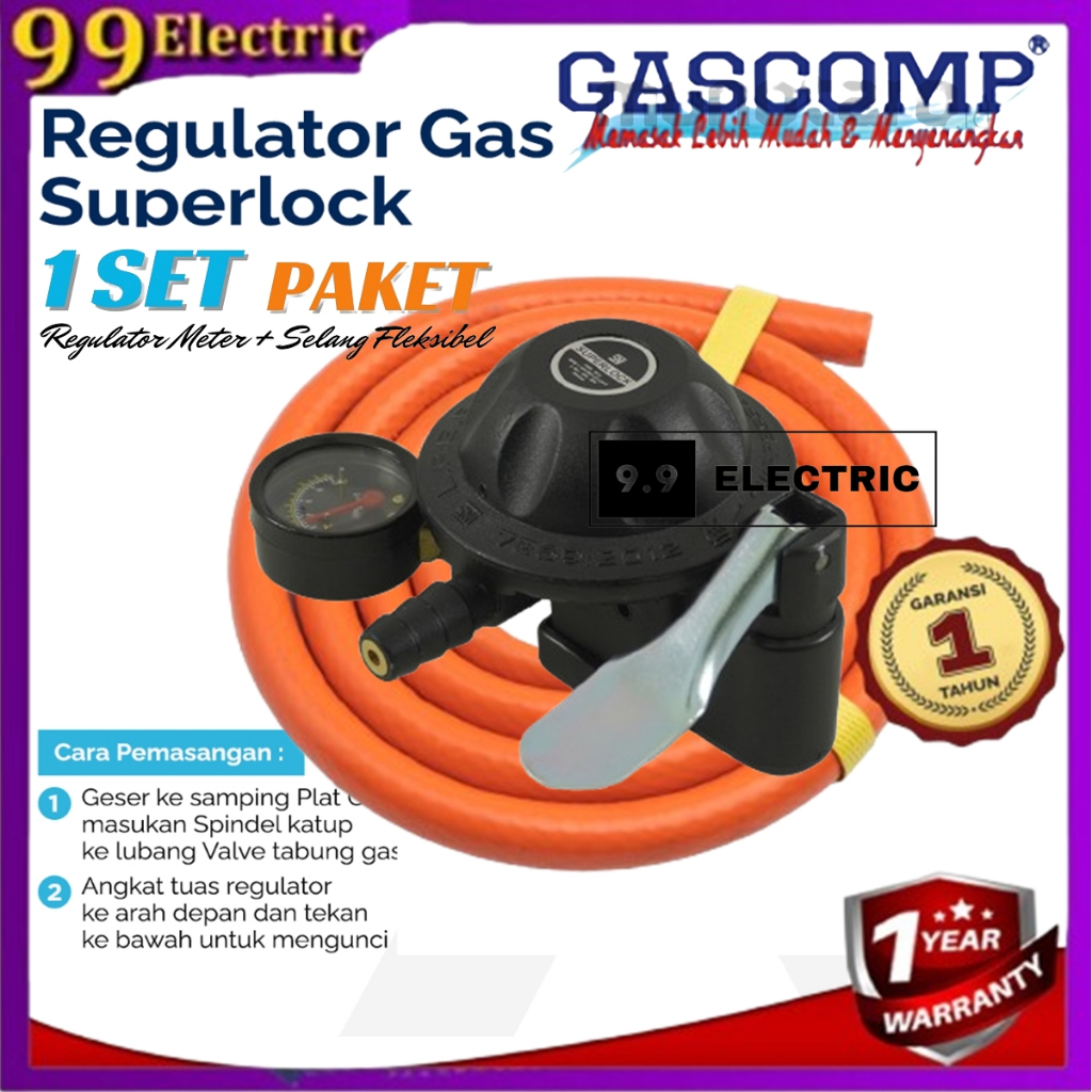 GASCOMP Paket Regulator Superlock 01 Klik GRS 01+Selang Gas - Regulator Kompor Gas Superlock Regulat