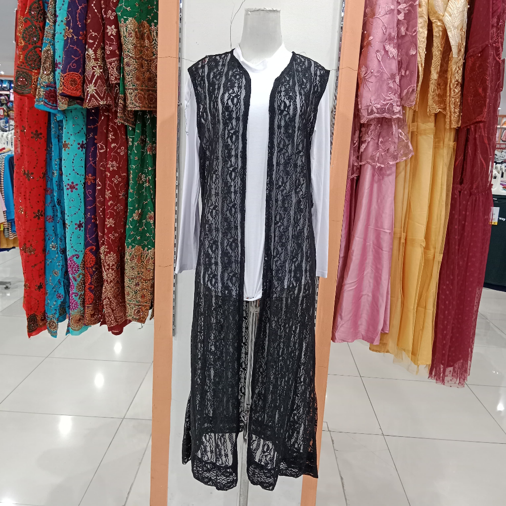 Rompi Long Cardigan Brukat Tanpa Lengan Kekinian / Rompi Cardigan Brukat Panjang Hitam