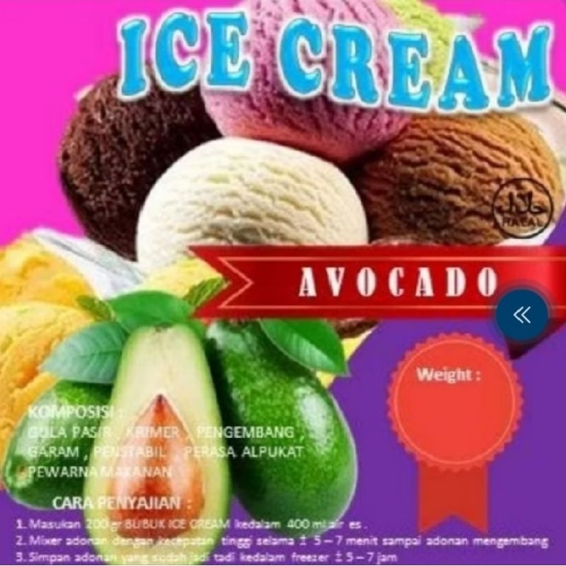 

BUBUK ICE CREAM RASA ALVUCADO 500 GRAM/ES KRIM POWDER HARD/SOFT
