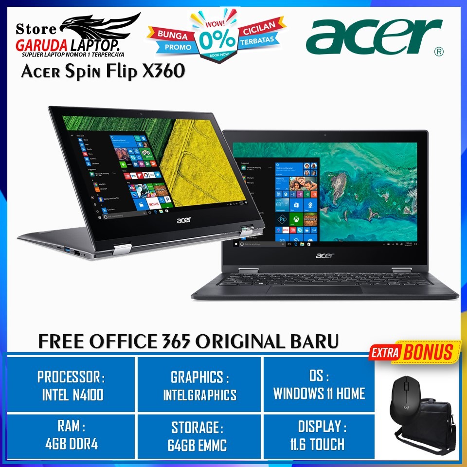 Acer Aspire Spin 1 Flip Touchscreen Intel N4100 Ram 4GB 64GB 128GB Emmc 11.6 Win 11 Home Original