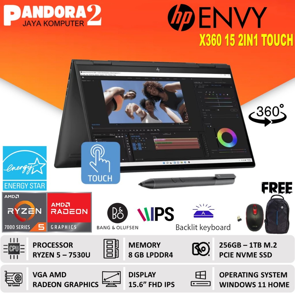 Laptop Hp Envy X360 15 RYZEN 5 7530 RAM 8GB 1TB SSD 15.6 inch FHD IPS Touchscreen Windows 11