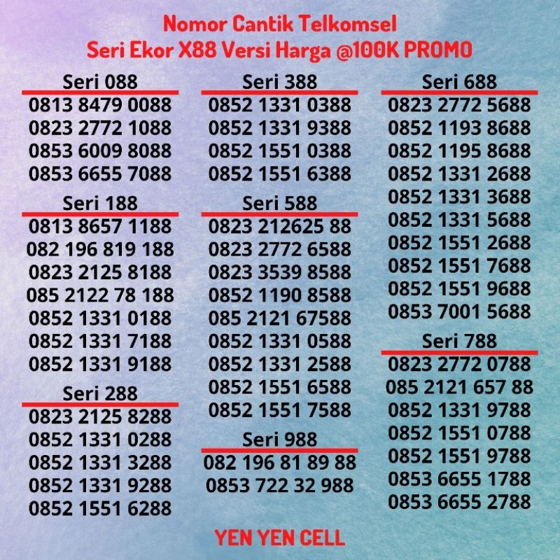 Nomor Cantik Telkomsel Kartu Perdana Simpati Seri X88 Versi Harga @100K - Ekor Akhiran Ujung 088 / 1